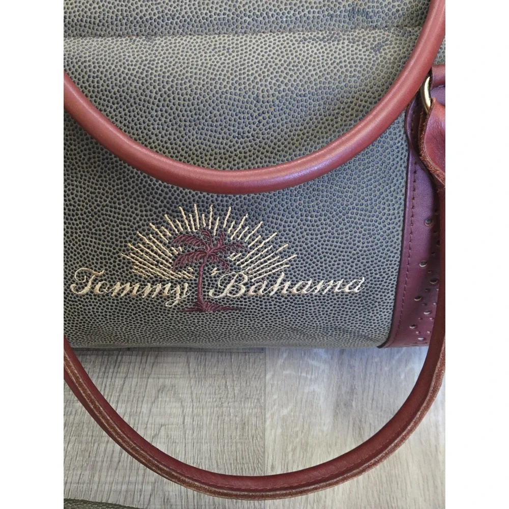 Vintage Tommy Bahama Mens Travel Duffel Bag Leather Green Beige Luggage Straps